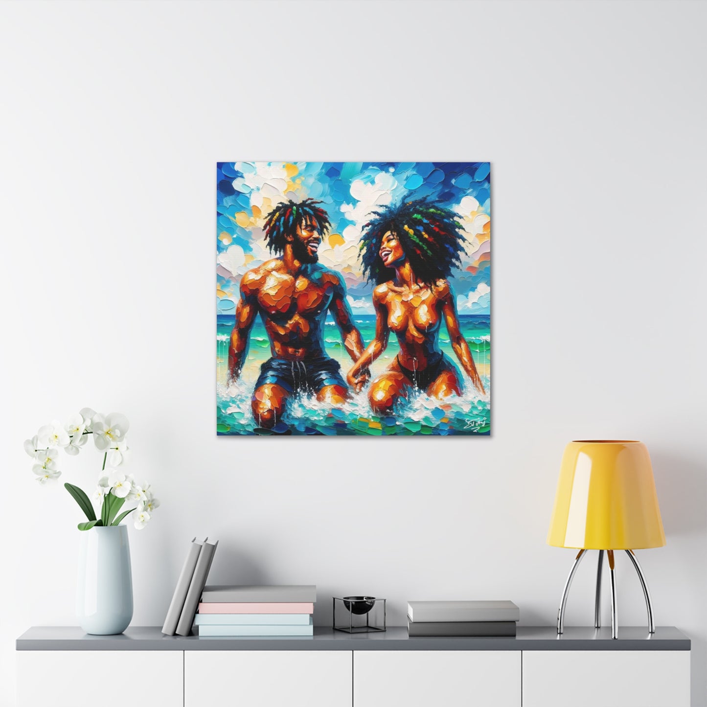 Art Print, Afro-Caribbean Couple in the Ocean, Oil Finish, West Indian Ethnicity, Cultural, Heritage, Semi-Abstract, Canvas Gallery Wrap