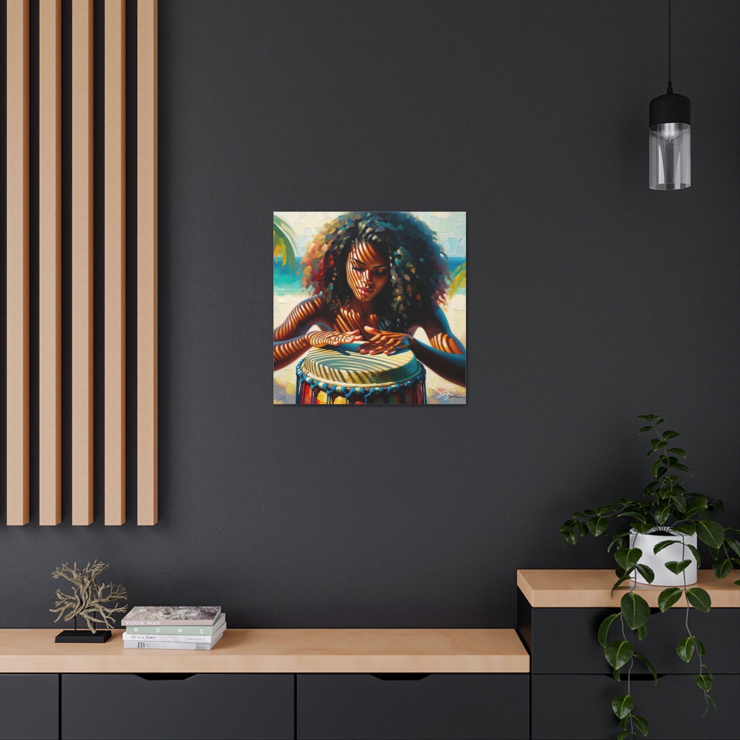 Art Print, Afro-Caribbean Woman, "Drumming" Oil Finish, West Indian Ethnicity, Cultural, Heritage, Abstract, Canvas Gallery Wrap