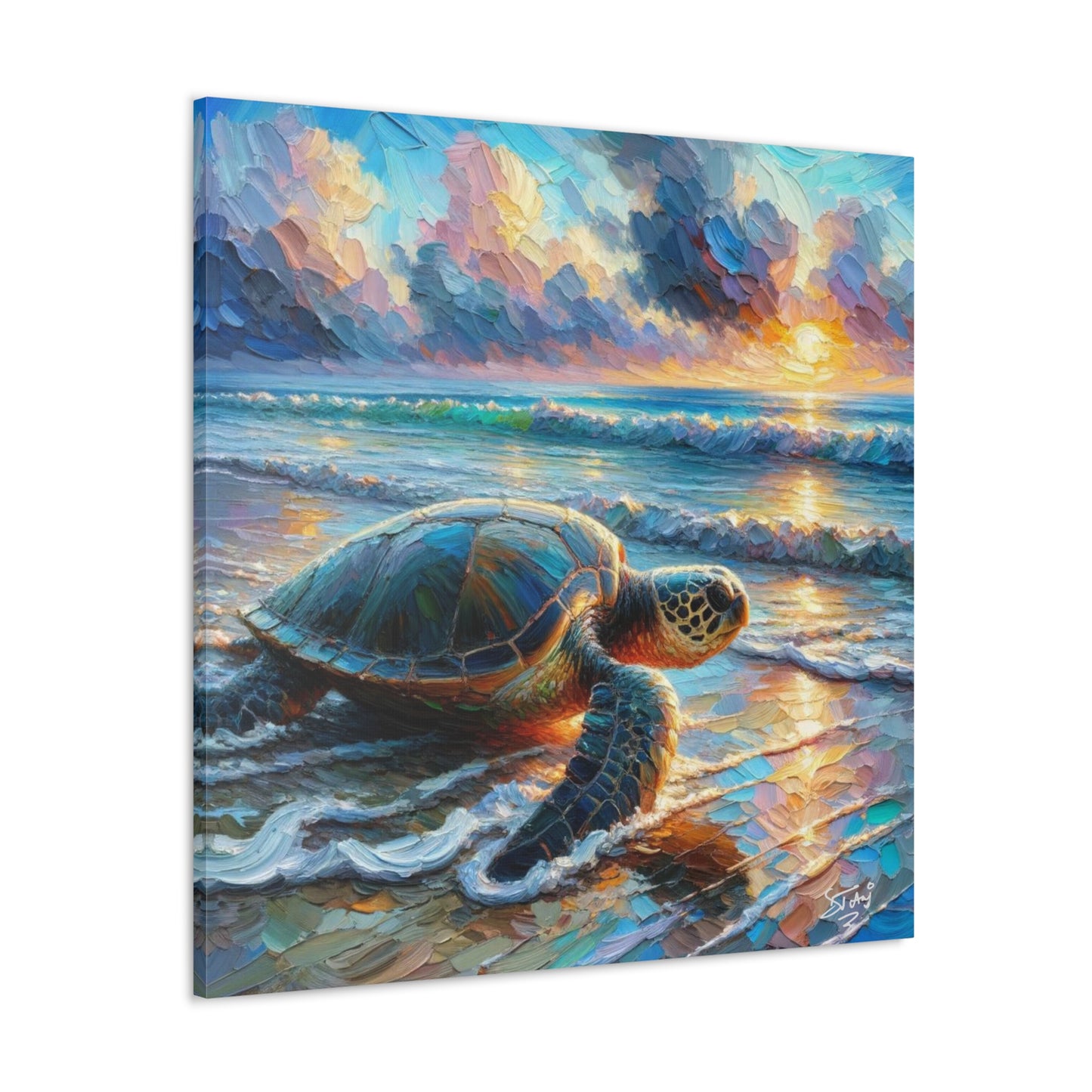 Art Print, Turtle at Sunrise, Caribbean Wildlife, Oil Finish, Caribbean Nature, Culture, Heritage, Canvas Gallery Wrap