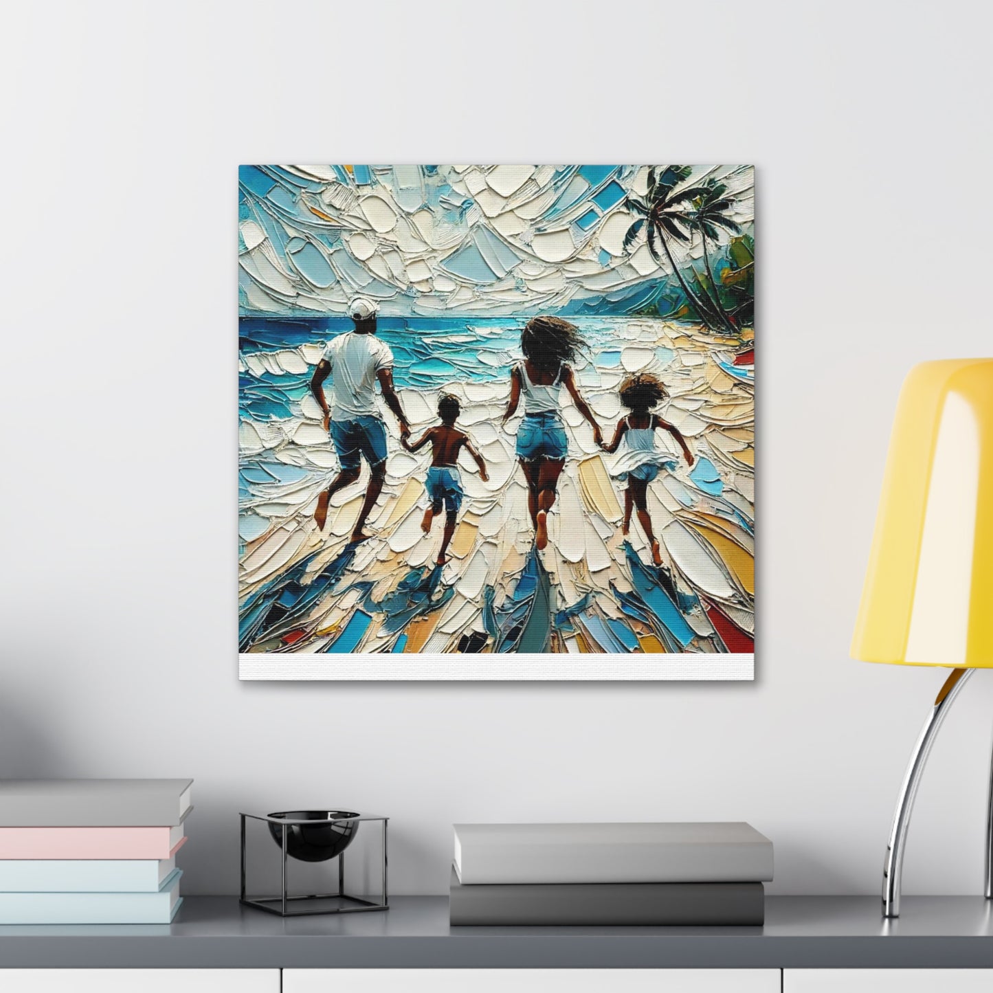 Art Print, Afro-Caribbean Family "Running on the Beach," Oil Finish, West Indian Ethnicity, Cultural, Heritage, Semi-Abstract, Canvas Gallery Wrap