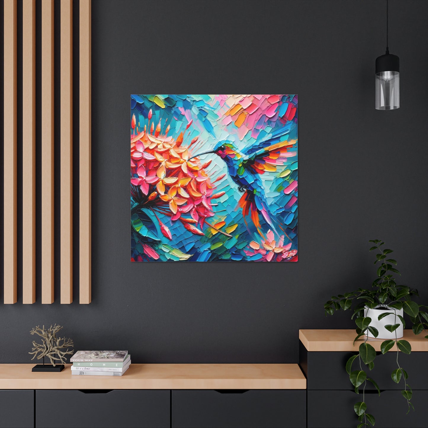 Art Print, Hummingbird on Ixora, Oil Finish, Caribbean Nature, Cultural, Heritage, Semi-Abstract, Canvas Gallery Wrap