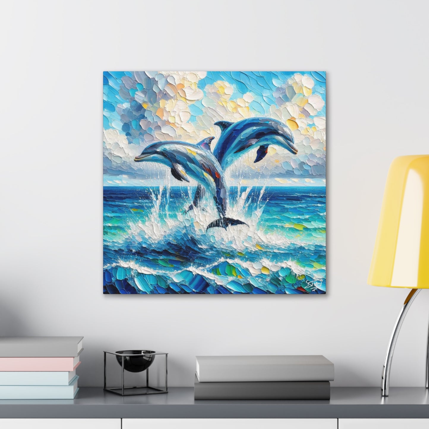 Art Print, Two Dolphins, Oil Finish, Caribbean Nature, Canvas Gallery Wrap