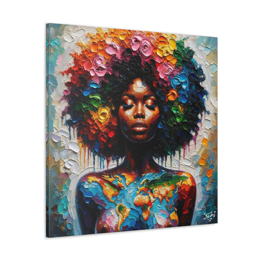 Art Print, Caribbean Woman "World Unity" Oil Finish, West Indian Ethnicity, Cultural, Heritage, Semi-Abstract, Canvas Gallery Wrap