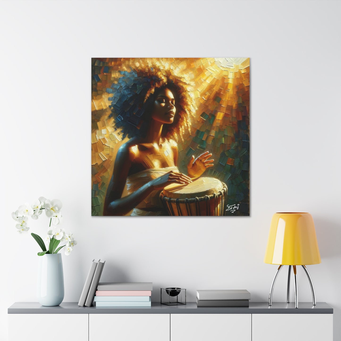 Art Print, Afro-Caribbean Woman, "Drumming" Oil Finish, West Indian Ethnicity, Cultural, Heritage, Abstract, Canvas Gallery Wrap