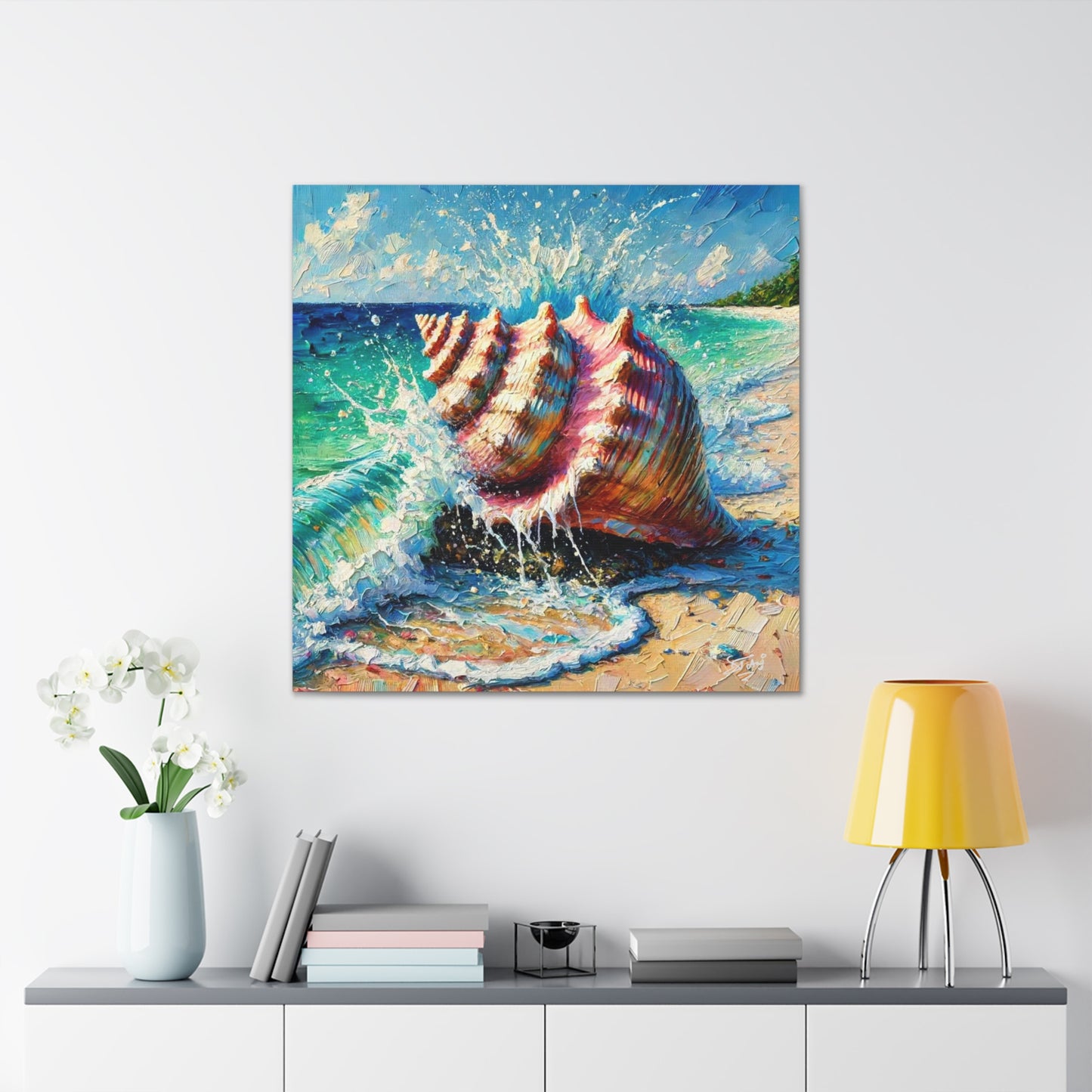 Art Print, Seashell, Caribbean Beach Scene, Abstract, Oil Painting, West Indian Art, Canvas Gallery Wraps