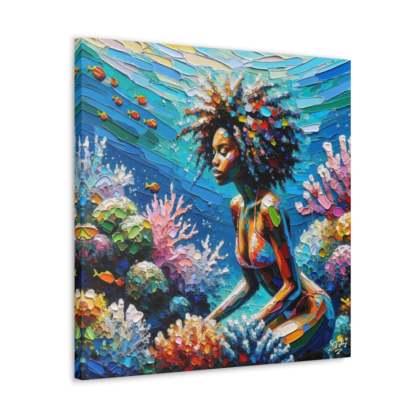 Art Print, Black Woman with Fishes in Coral Reef, Oil Finish, Caribbean Nature, Semi-Abstract, Canvas Gallery Wrap