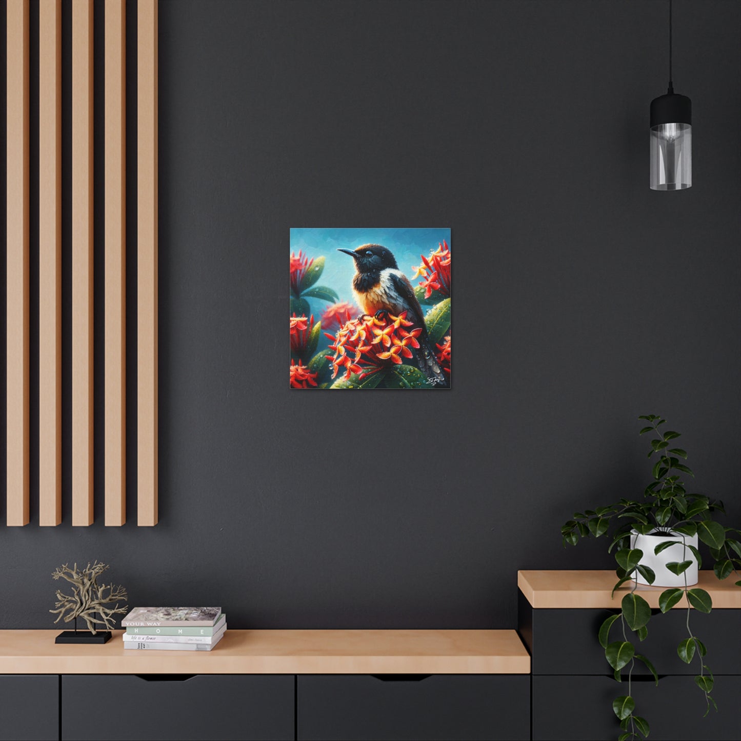 Print of Redstart Perched on Ixora Flower, Oil Paint Finish, Caribbean, Tropical, Canvas Gallery Wraps