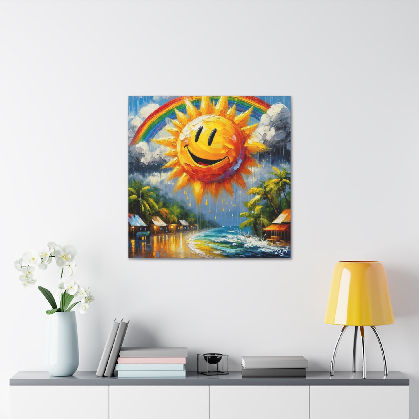 Art Print of Caribbean Beach Scene, "Sun & Rain," West Indian Art, Canvas Gallery Wraps