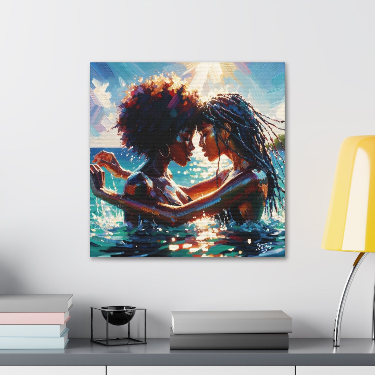 Art Print, Caribbean Couple, "In Our World" Semi-Abstract Oil Finish, West Indian Ethnicity, Cultural, Heritage, Abstract, Canvas Gallery Wrap