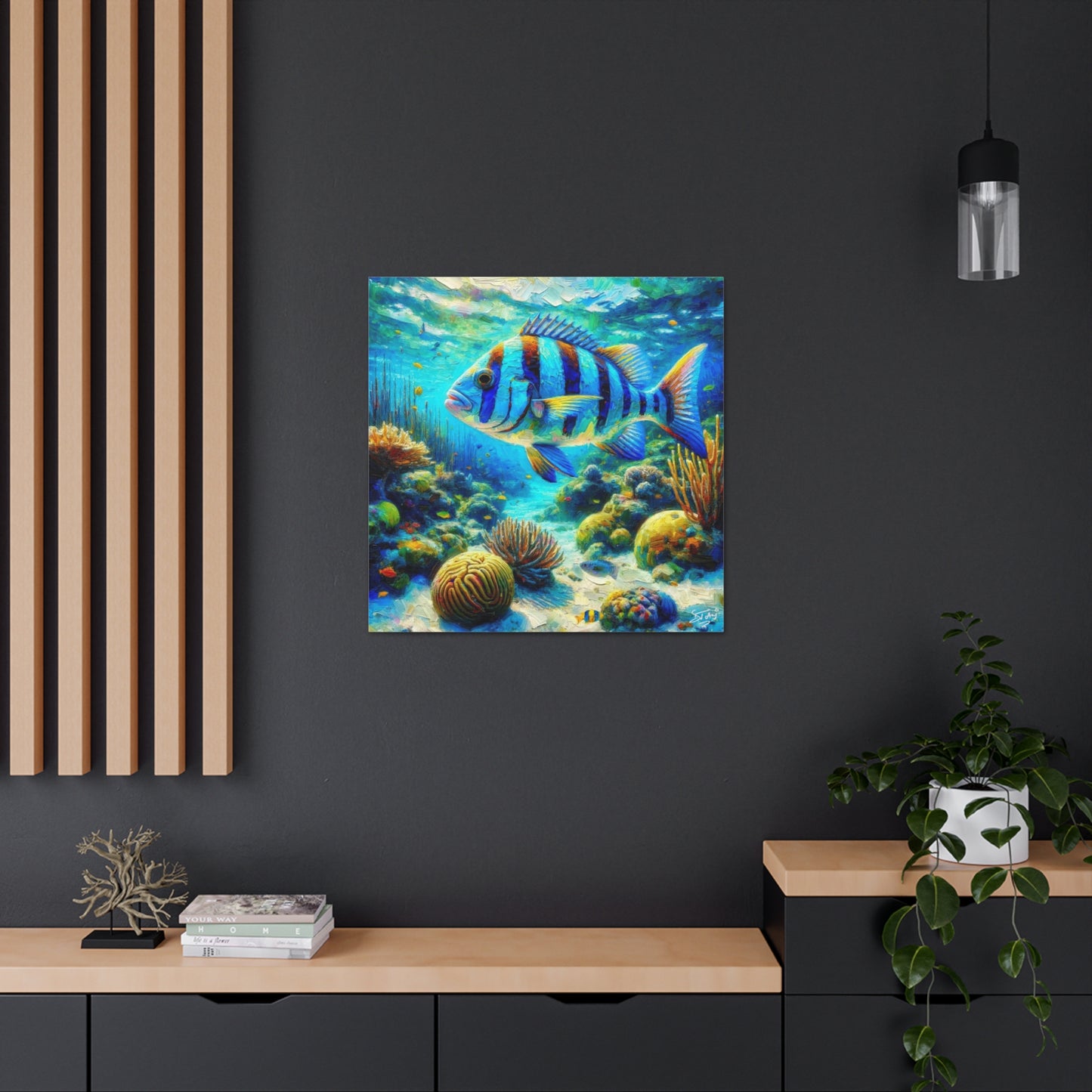 Art Print, Blue-Striped Grunt Fish in Coral Reef, Oil Finish, Caribbean Nature, Semi-Abstract, Canvas Gallery Wrap