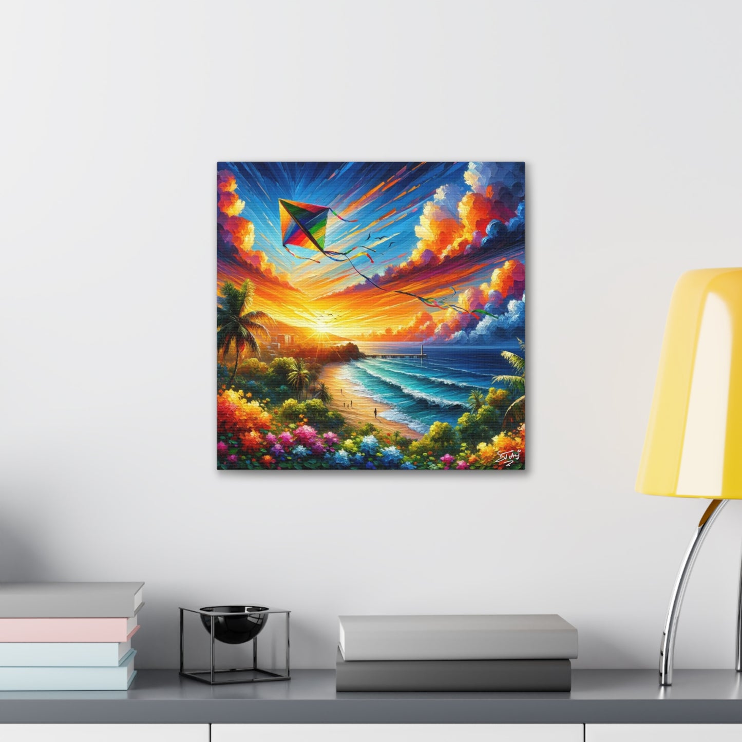 Art Print of Caribbean Sunset "Flying Kite," West Indian Art, Canvas Gallery Wraps