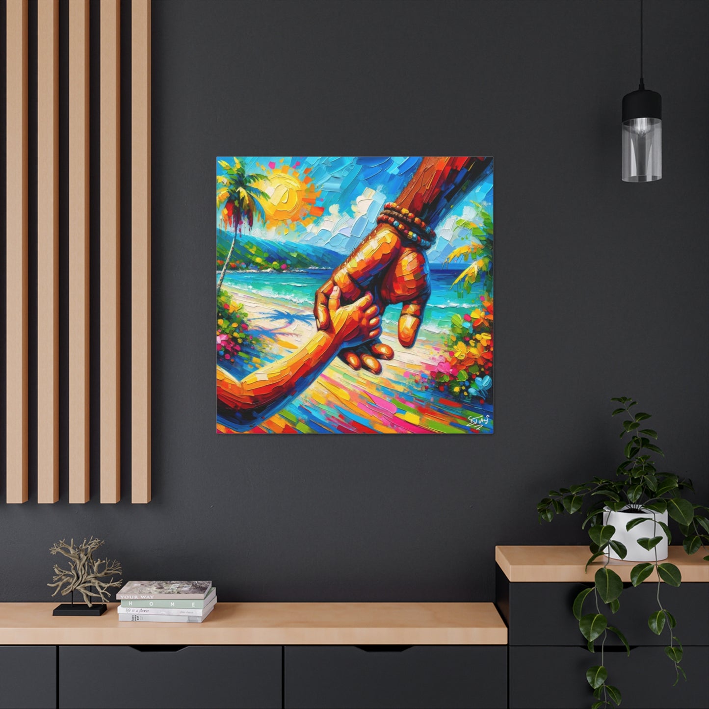 Art Print, Afro-Caribbean Father & Daughter, Oil Finish, West Indian Ethnicity, Cultural, Heritage, Semi-Abstract, Canvas Gallery Wrap