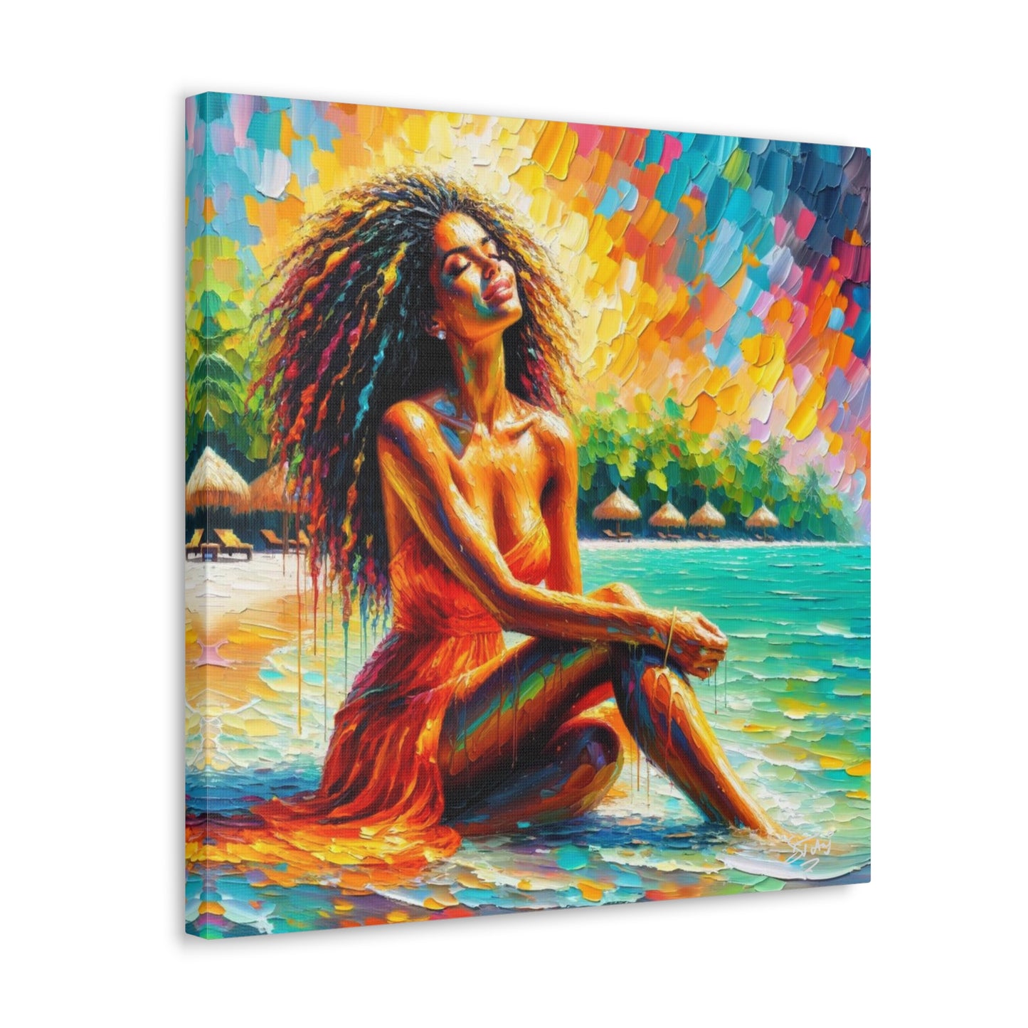 Art Print, Indo-Caribbean Woman, "Chilling on the Beach" Oil Finish, West Indian Ethnicity, Cultural, Heritage, Abstract, Canvas Gallery Wrap