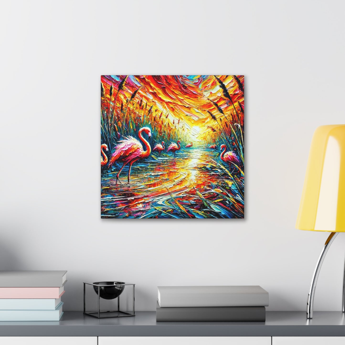 Art Print, Flamingos, Abstract Oil Finish, Trinidad & Tobago, Caribbean, West Indian Art, Canvas Gallery Wraps