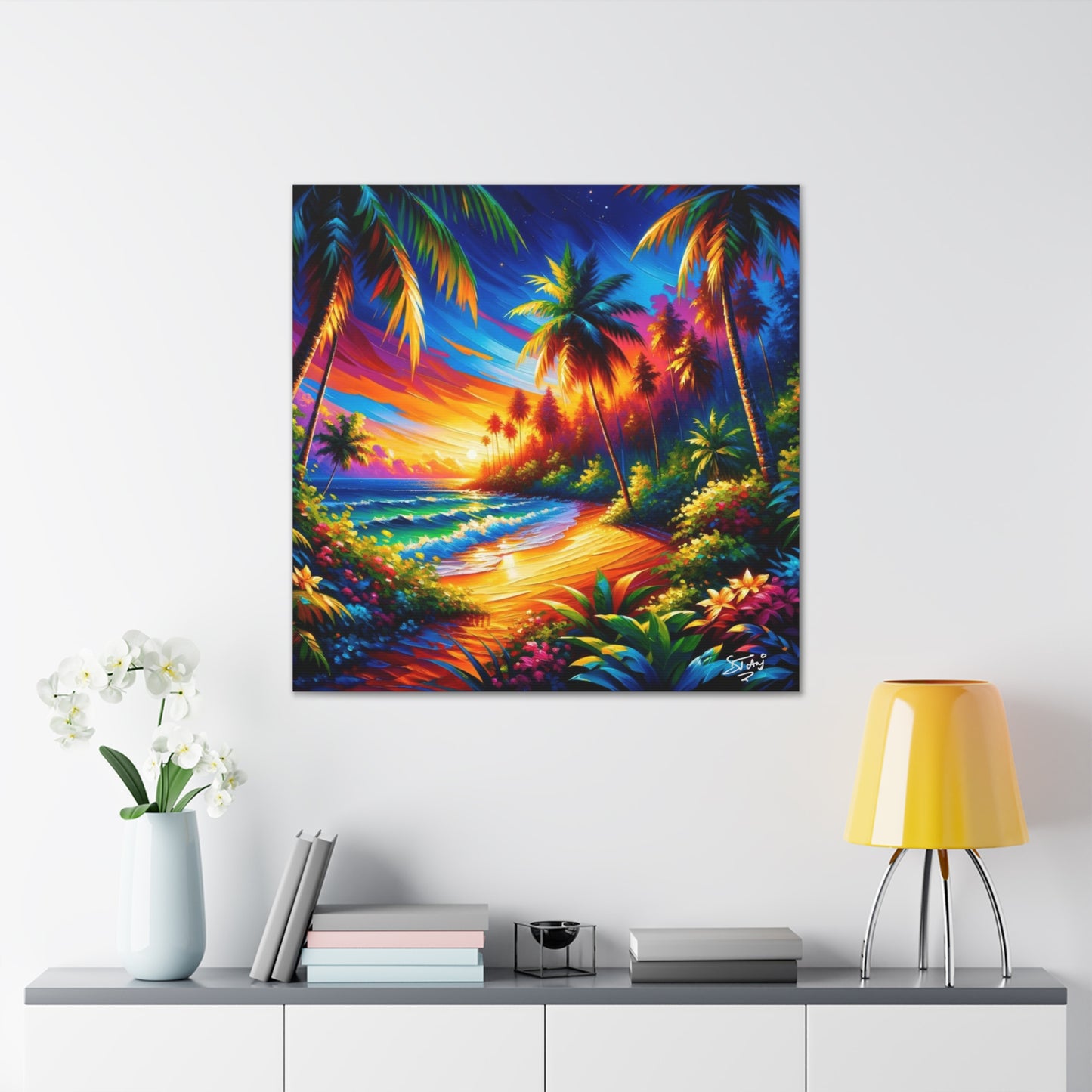 Art Print of Caribbean Beach Sunset Scene, Semi-Abstract Oil Painting, West Indian Art, Canvas Gallery Wraps