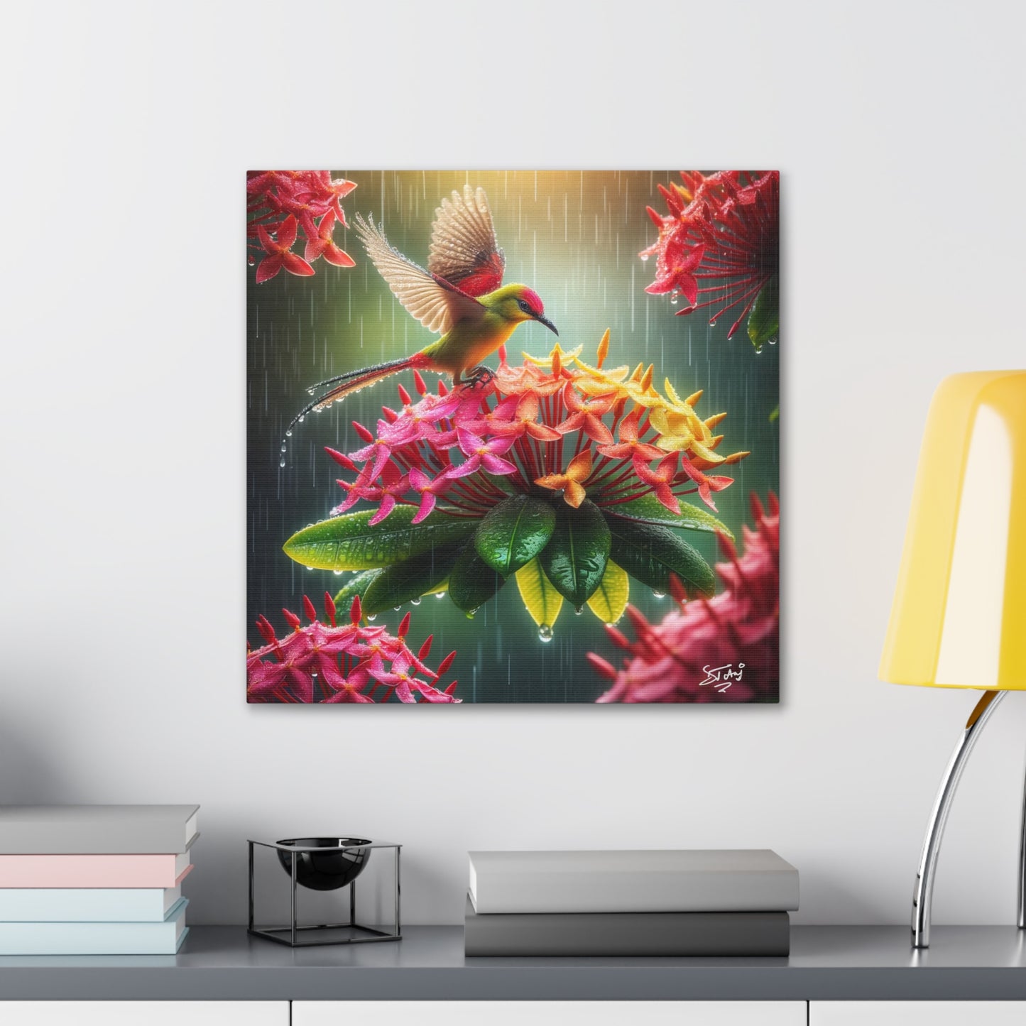 Print of Tropical Bird in the Rain Perched on Ixora Flower, Oil Paint Finish, Caribbean, Tropical, Canvas Gallery Wraps