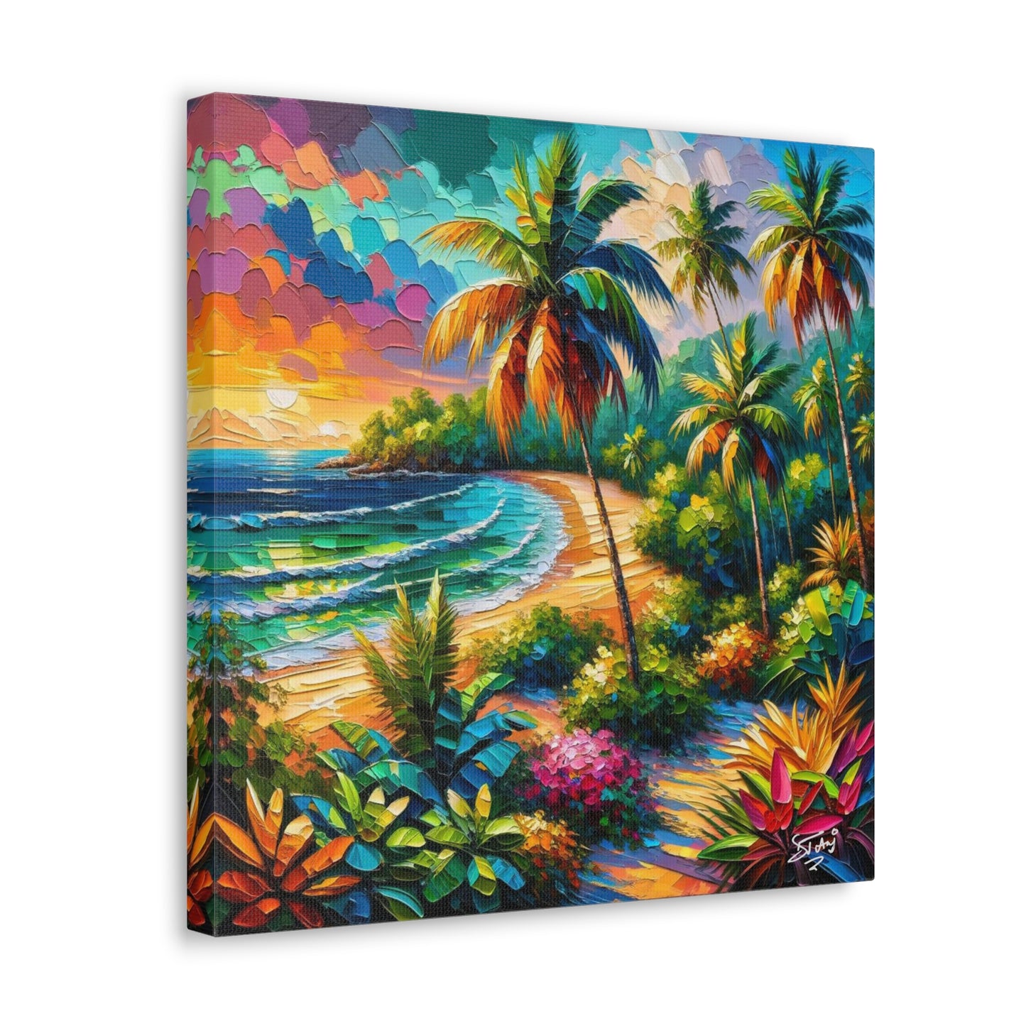 Art Print of Caribbean Beach Sunset, Semi-Abstract, Oil Painting, West Indian Art, Canvas Gallery Wraps