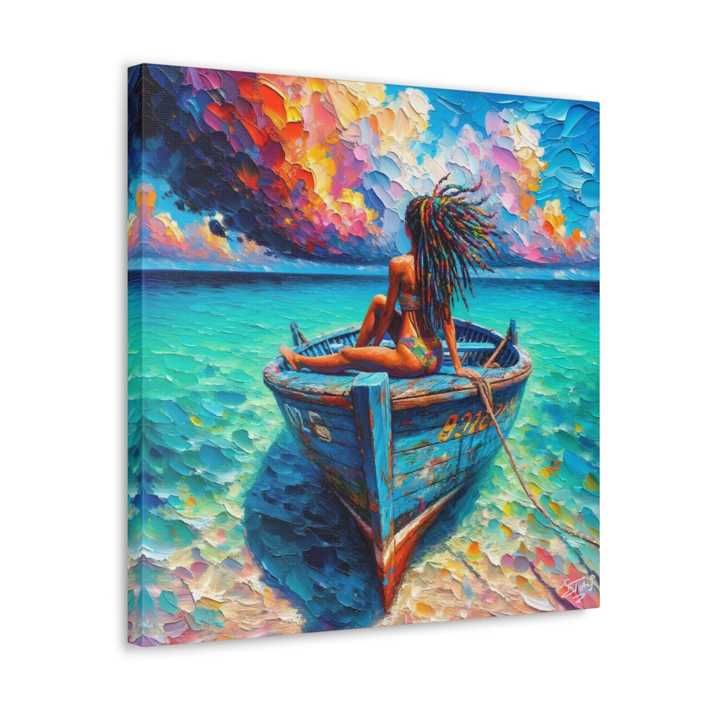 Art Print, Afro-Caribbean Woman "Chilling in the Boat (2)" Oil Finish, West Indian Ethnicity, Cultural, Heritage, Semi-Abstract, Canvas Gallery Wrap