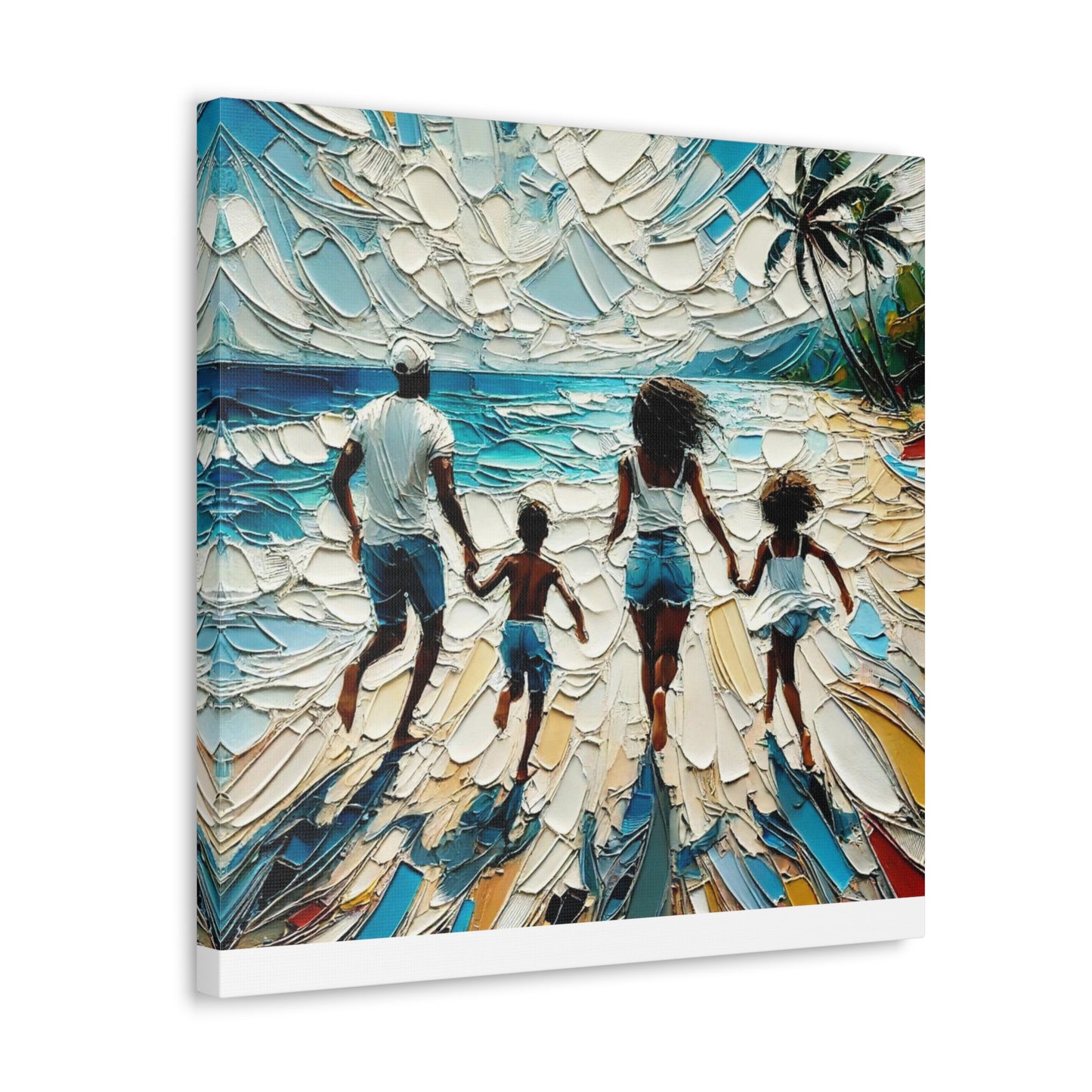 Art Print, Afro-Caribbean Family "Running on the Beach," Oil Finish, West Indian Ethnicity, Cultural, Heritage, Semi-Abstract, Canvas Gallery Wrap