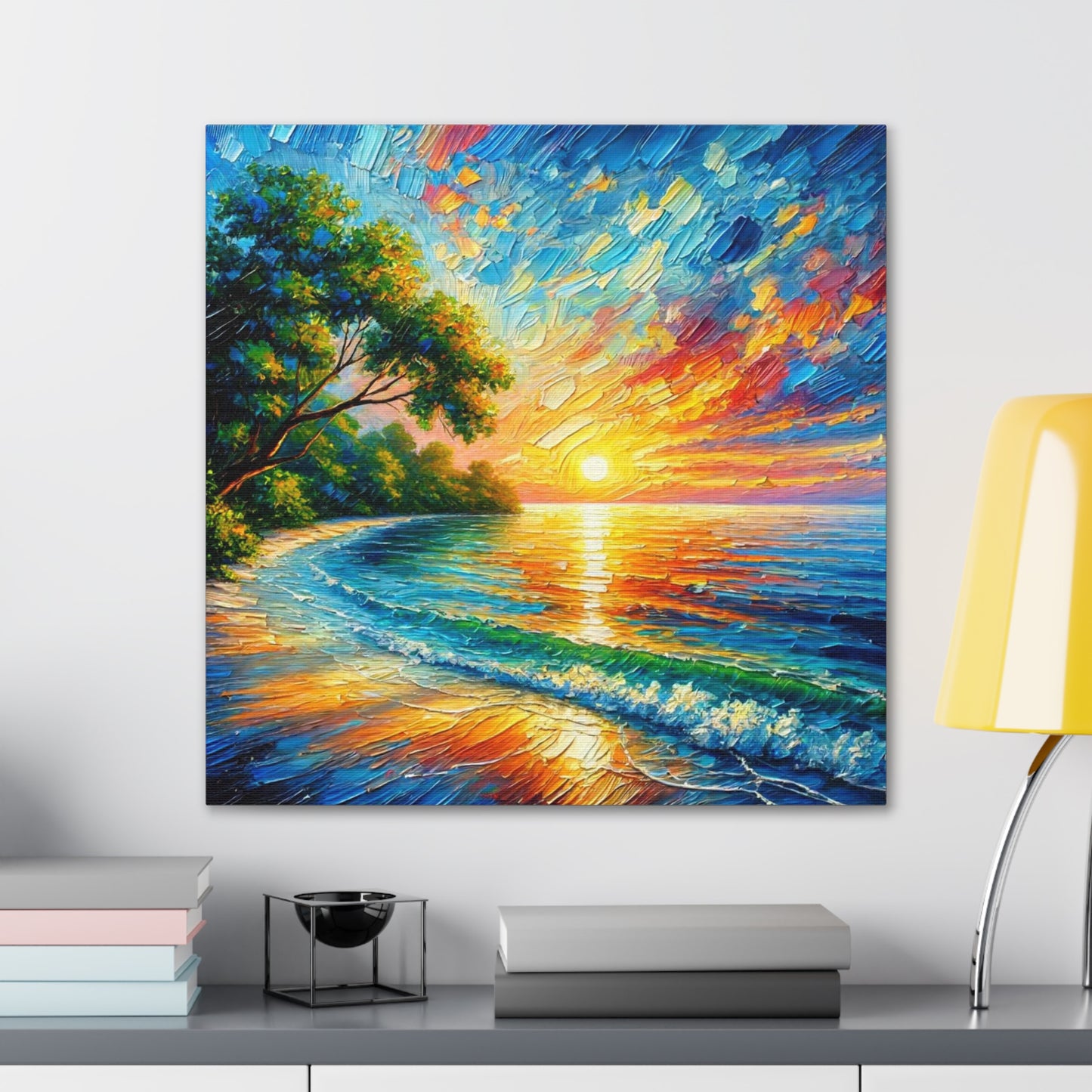 Art Print, Caribbean Sunset Beach Scene, Abstract, Oil Painting, West Indian Art, Canvas Gallery Wraps