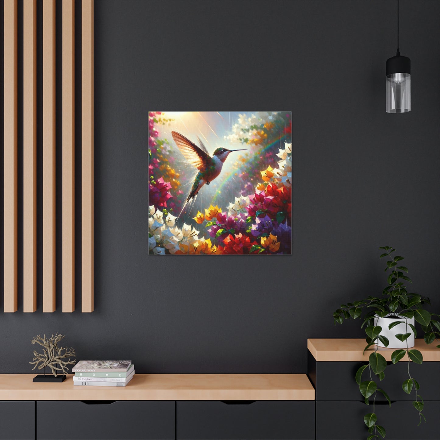 Art Print#3 of Hummingbird in Flight...in the Sun and Rain, Bougainvillea, Caribbean, Oil Finish, West Indian Art, Canvas Gallery Wraps