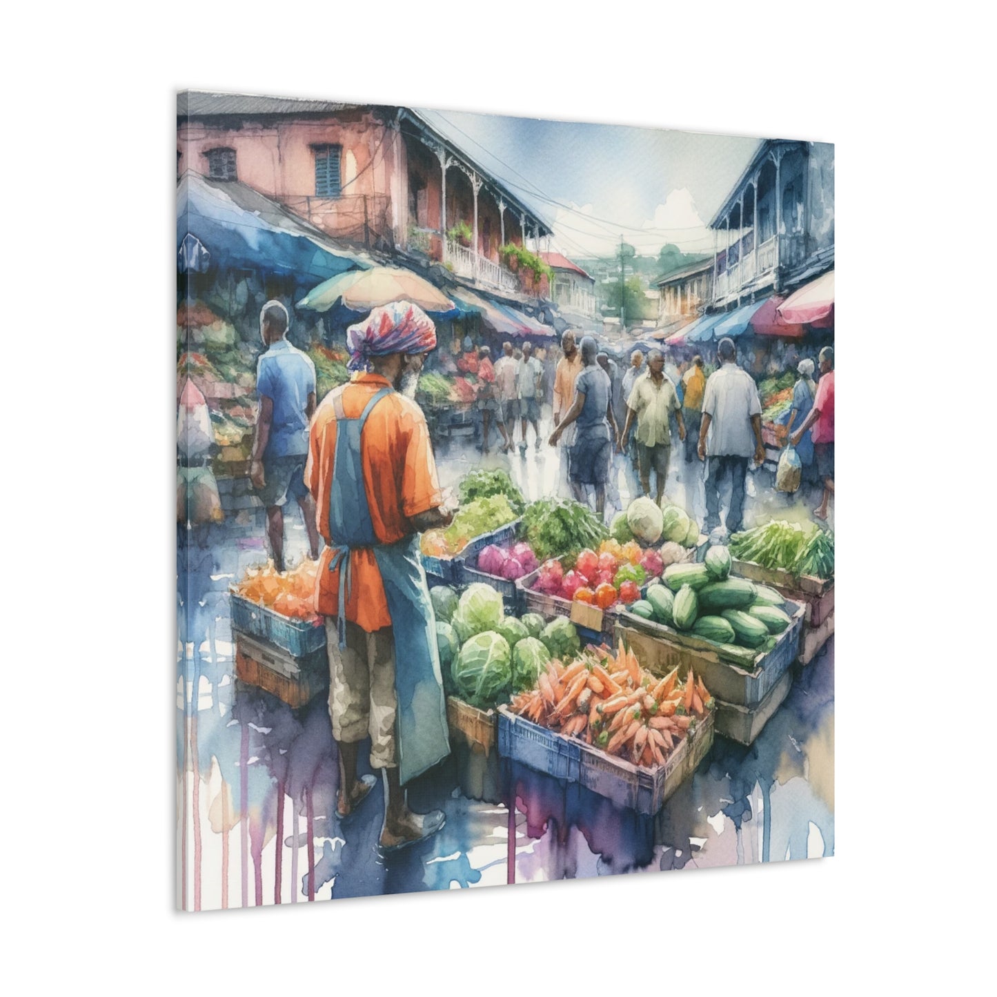 Art Print#2, "Selling at the Market", Market Scene in Trinidad, Caribbean, Watercolor Finish, West Indian Art, Canvas Gallery Wraps