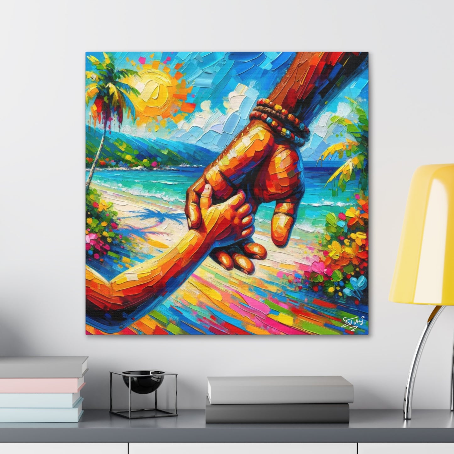 Art Print, Afro-Caribbean Father & Daughter, Oil Finish, West Indian Ethnicity, Cultural, Heritage, Semi-Abstract, Canvas Gallery Wrap