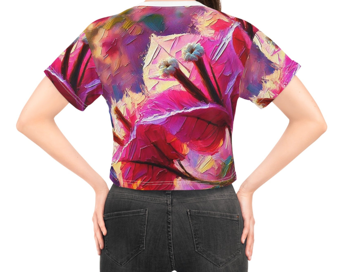 Women's Silky Soft Crop Tee (AOP) Pink Floral Print