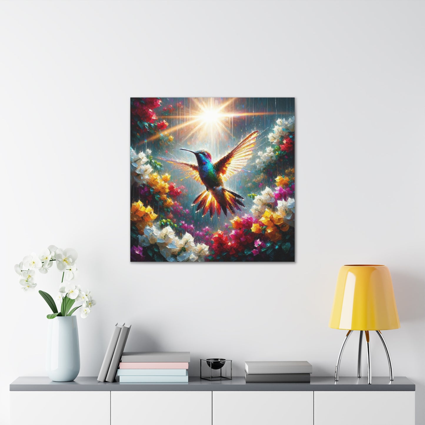 Art Print#2 of Hummingbird in Flight...in the Sun and Rain, Bougainvillea, Caribbean, Oil Finish, West Indian Art, Canvas Gallery Wraps