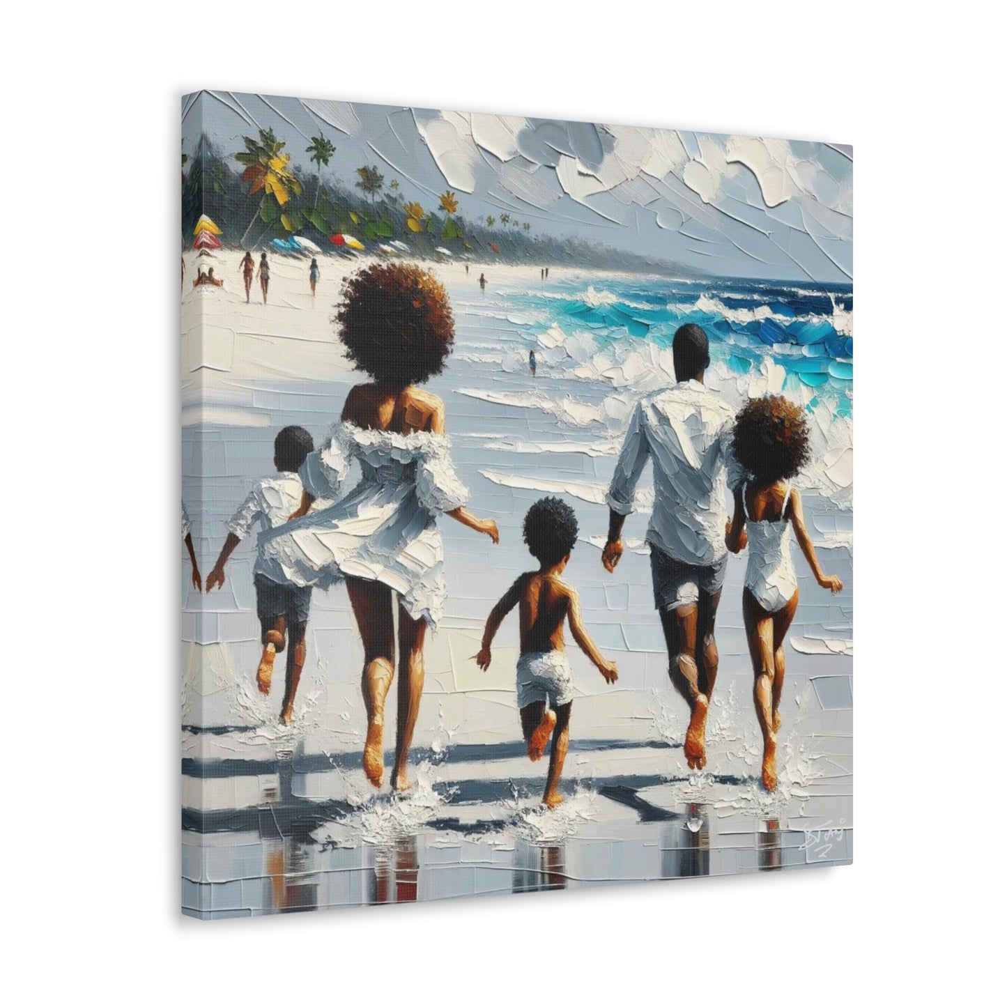 Art Print, Afro-Caribbean Family on the Beach, Oil Finish, West Indian Ethnicity, Cultural, Heritage, Semi-Abstract, Canvas Gallery Wrap