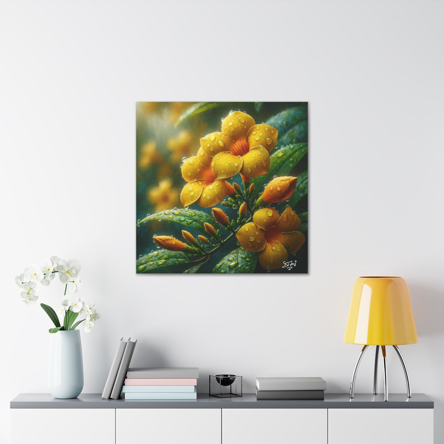 Print#2 of Yellow Allamanda Flowers in the Rain, Oil Paint Finish, Caribbean, Tropical, Canvas Gallery Wraps