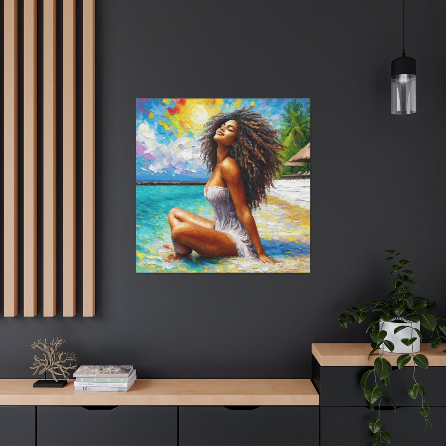 Art Print, Indo-Caribbean Woman, "Chilling on the Beach" Oil Finish, West Indian Ethnicity, Cultural, Heritage, Abstract, Canvas Gallery Wrap