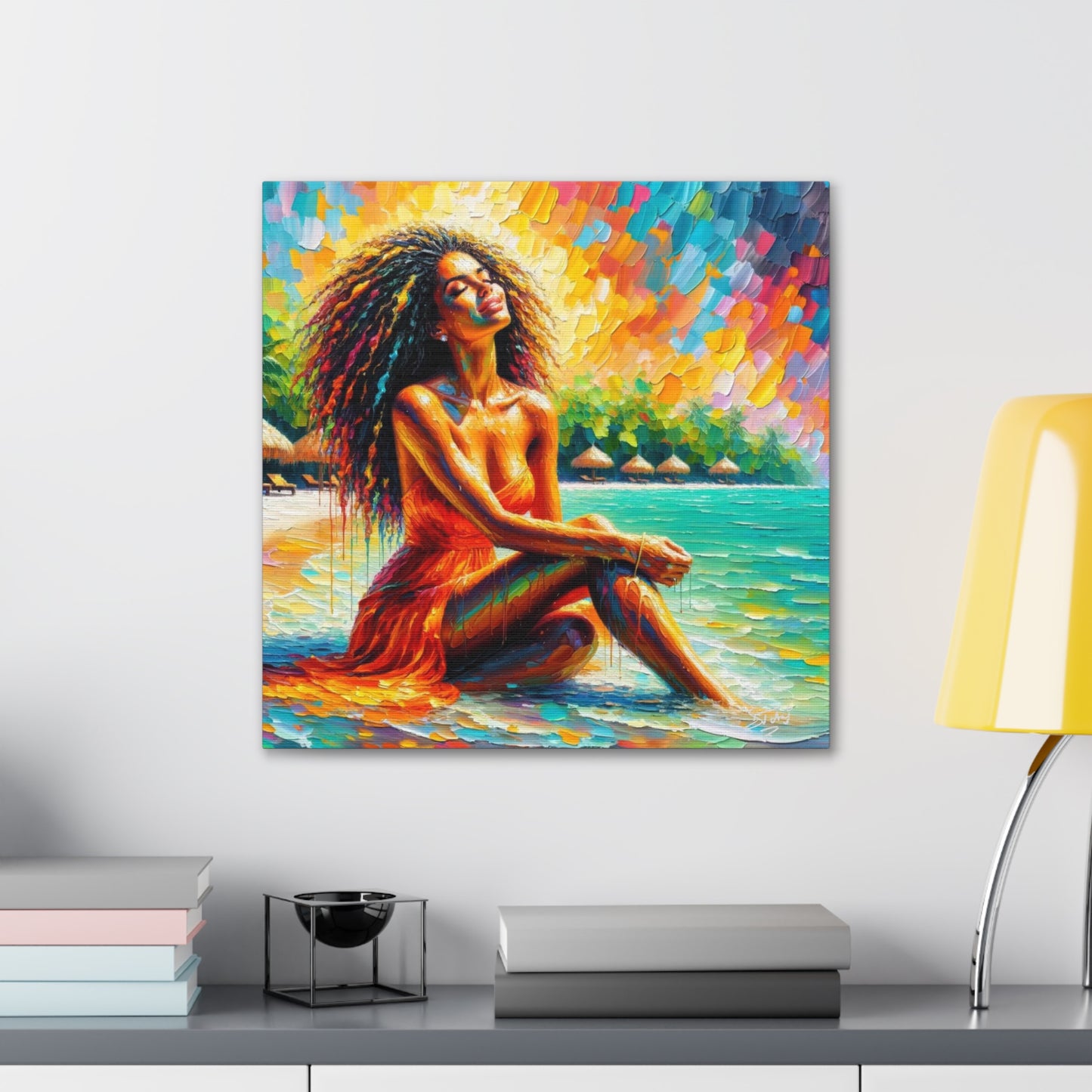 Art Print, Indo-Caribbean Woman, "Chilling on the Beach" Oil Finish, West Indian Ethnicity, Cultural, Heritage, Abstract, Canvas Gallery Wrap