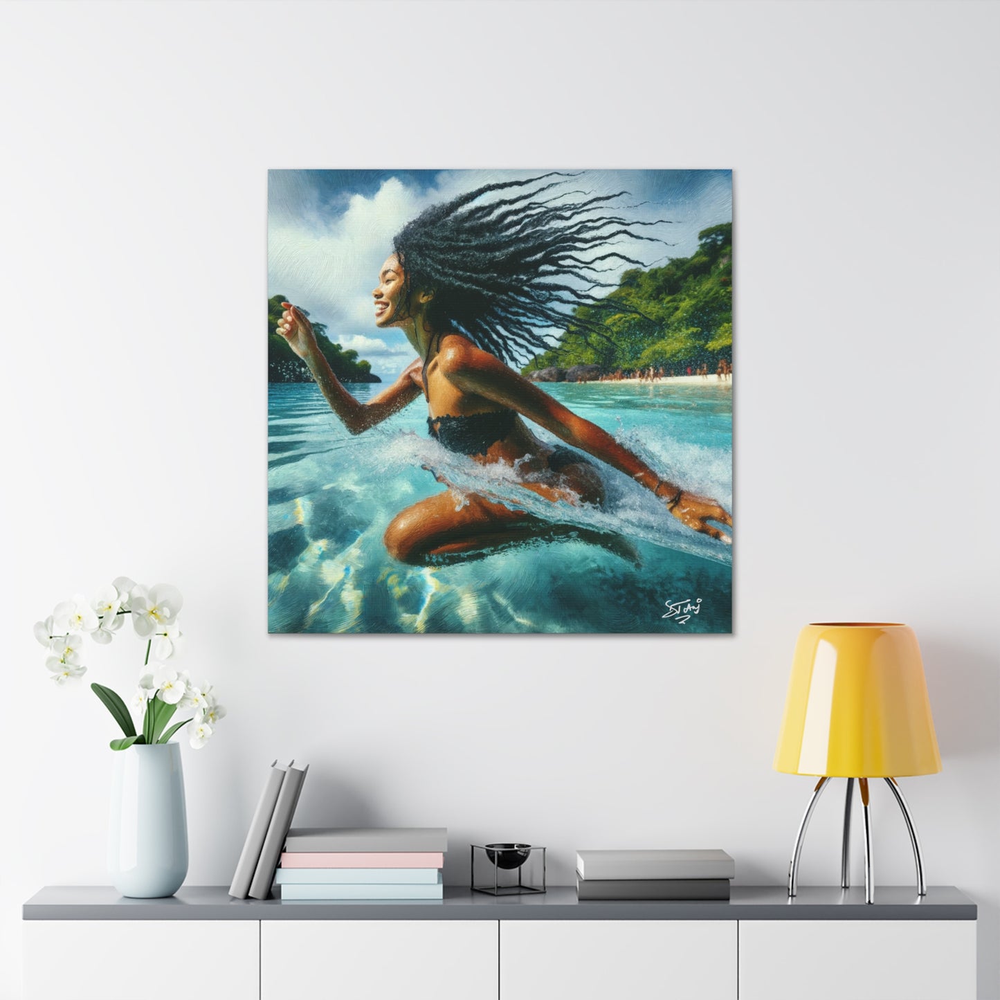 Art Print, Caribbean Woman, "Sea Bath" Abstract, Oil Finish, West Indian Ethnicity, Cultural, Heritage, Abstract, Canvas Gallery Wrap