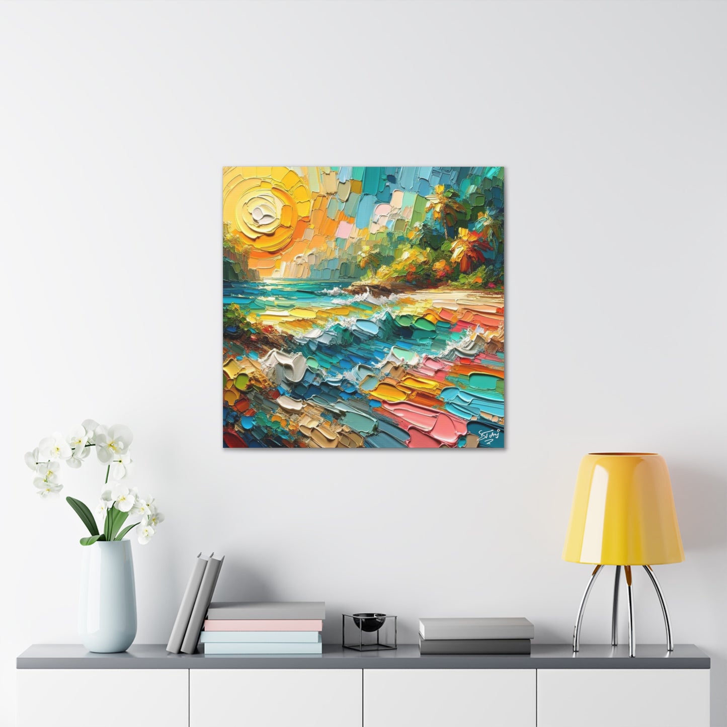 Art Print of Caribbean Beach Scene, Abstract, Oil Painting, West Indian Art, Canvas Gallery Wraps