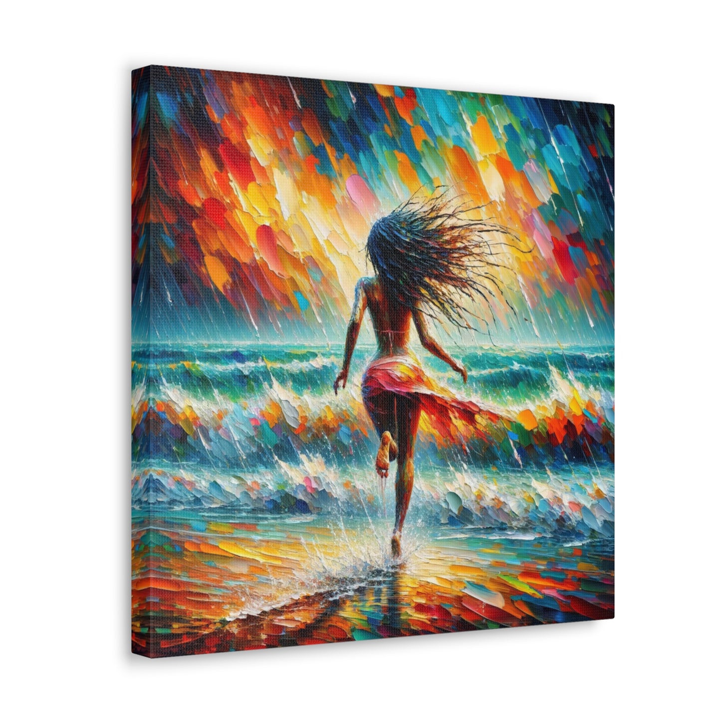 Art Print#6, East Indian Woman from Trinidad running into the Atlantic Ocean, Caribbean, Oil Finish, West Indian Art, Canvas Gallery Wraps