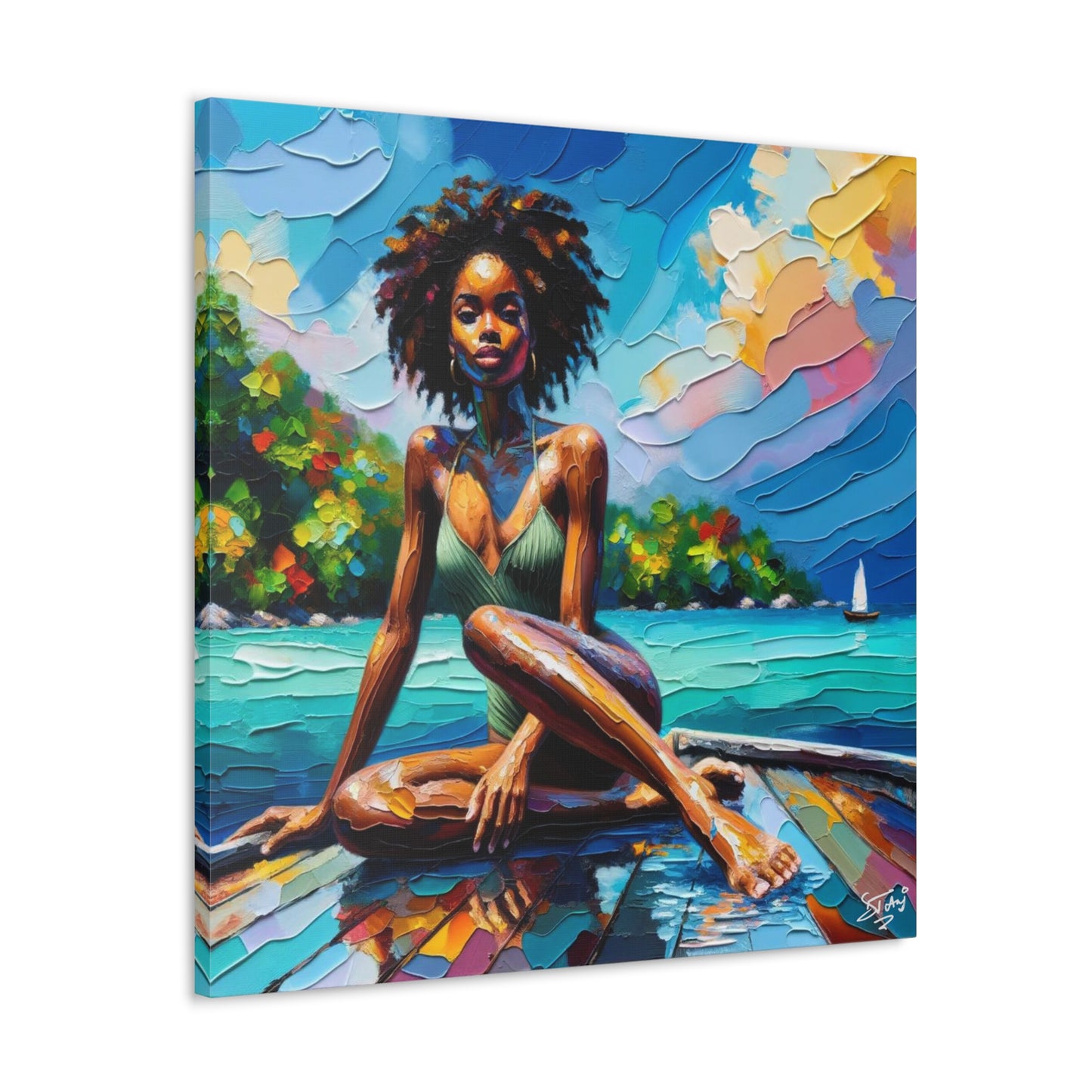 Art Print, Afro-Caribbean Woman "Chilling in the Boat" Oil Finish, West Indian Ethnicity, Cultural, Heritage, Semi-Abstract, Canvas Gallery Wrap