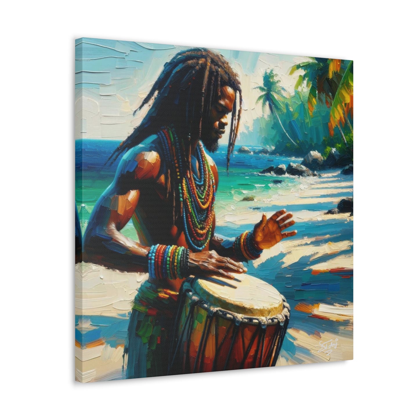 Art Print, Afro-Caribbean Man, "Drumming" Oil Finish, West Indian Ethnicity, Cultural, Heritage, Abstract, Canvas Gallery Wrap