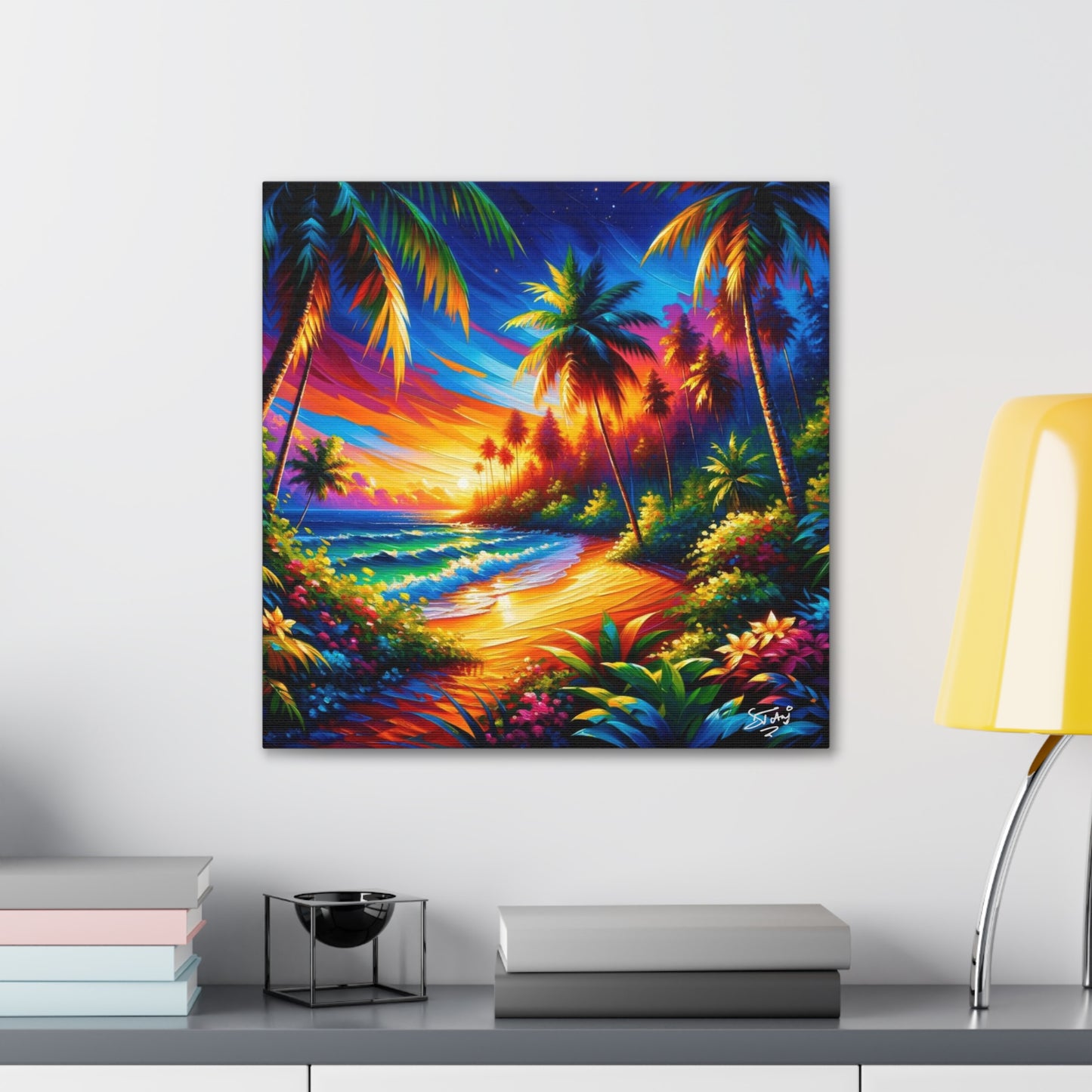 Art Print of Caribbean Beach Sunset Scene, Semi-Abstract Oil Painting, West Indian Art, Canvas Gallery Wraps