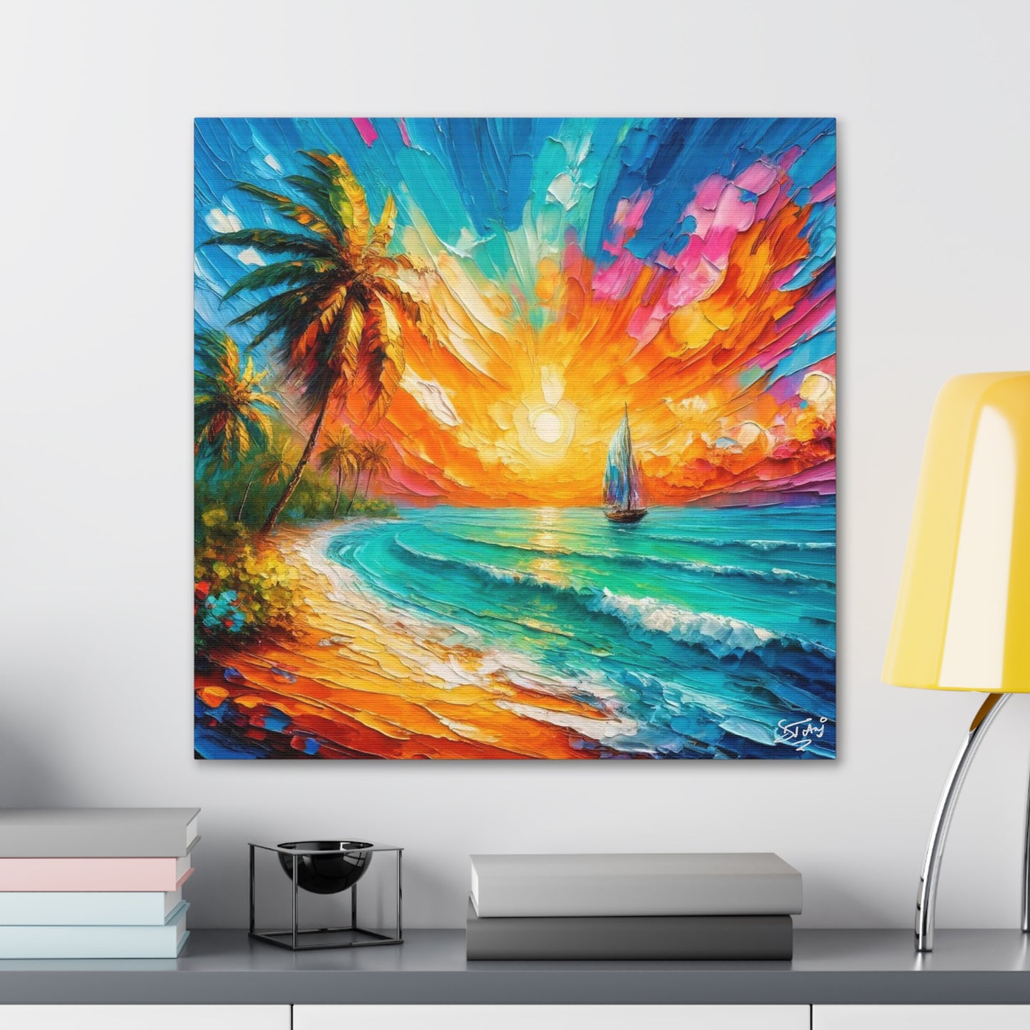 Art Print of Caribbean Sunset Scene, West Indian Art, Canvas Gallery Wraps