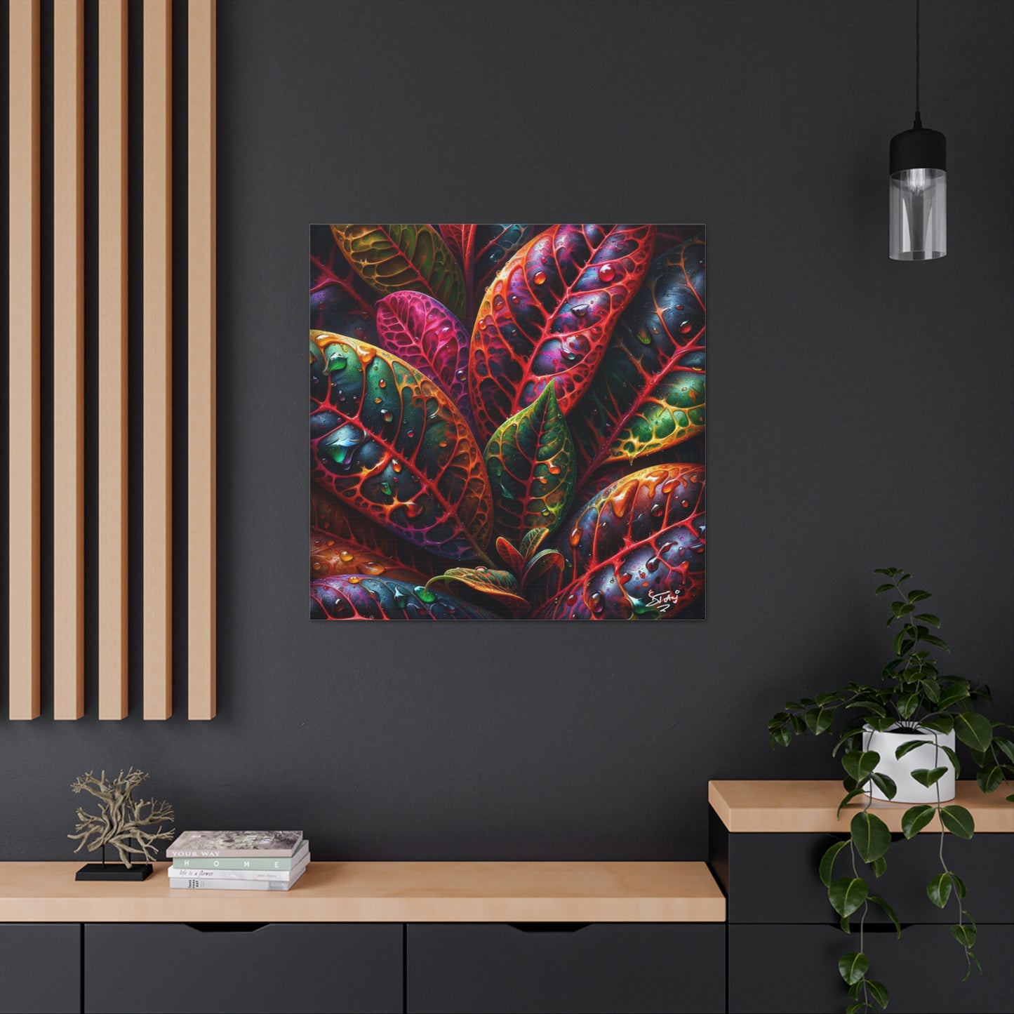 Oil Print#3 of Croton Plant, Close-up, Still Wet from Recent Rain, Caribbean, Tropical Plant, Canvas Gallery Wraps