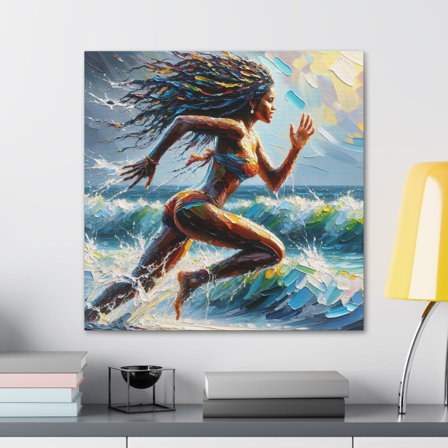 Art Print#3, East Indian Woman from Trinidad running into the Atlantic Ocean, Caribbean, Oil Finish, West Indian Art, Canvas Gallery Wraps