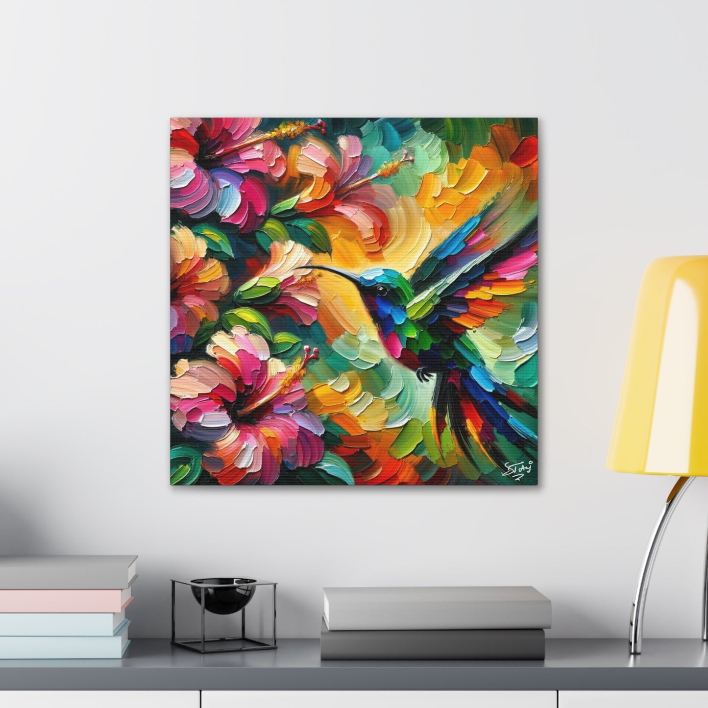 Art Print, Hummingbird on Hibiscus, Oil Finish, Caribbean Nature, Cultural, Heritage, Semi-Abstract, Canvas Gallery Wrap