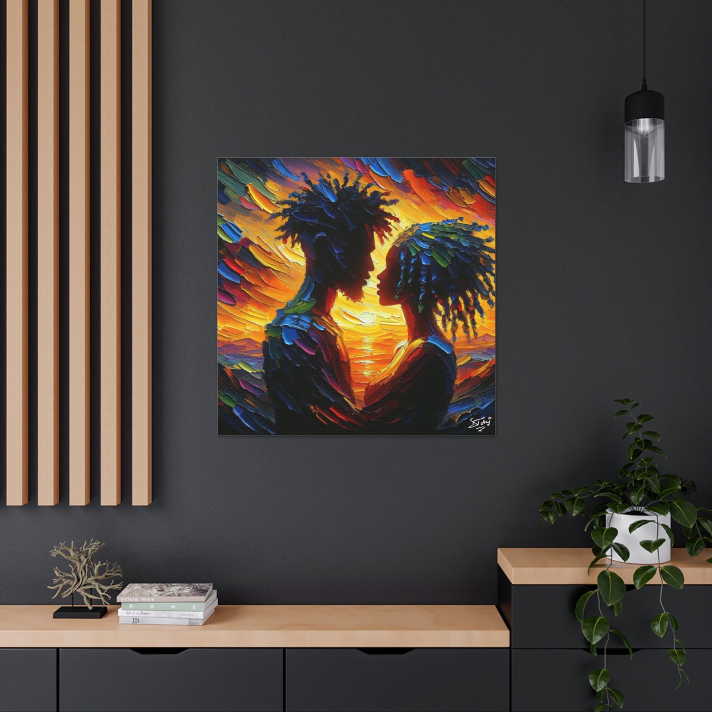 Art Print, Afro-Caribbean Couple in Love, Oil Finish, West Indian Ethnicity, Cultural, Heritage, Semi-Abstract, Canvas Gallery Wrap