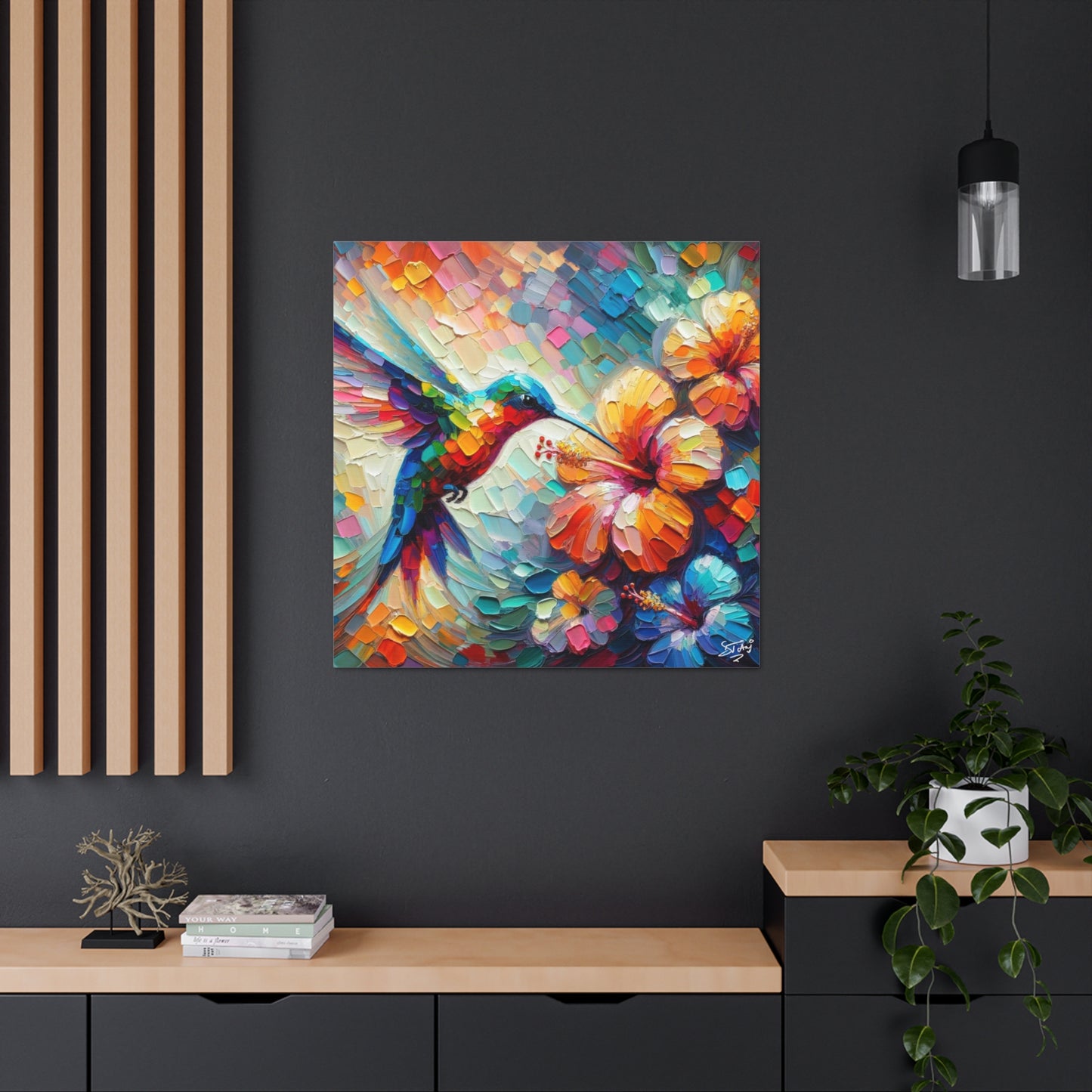 Art Print, Hummingbird on Hibiscus, Oil Finish, Caribbean Nature, Cultural, Heritage, Semi-Abstract, Canvas Gallery Wrap