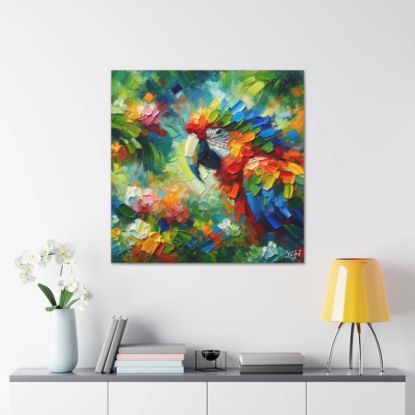 Art Print, The Parrot, Oil Finish, Caribbean Nature, Cultural, Heritage, Semi-Abstract, Canvas Gallery Wrap