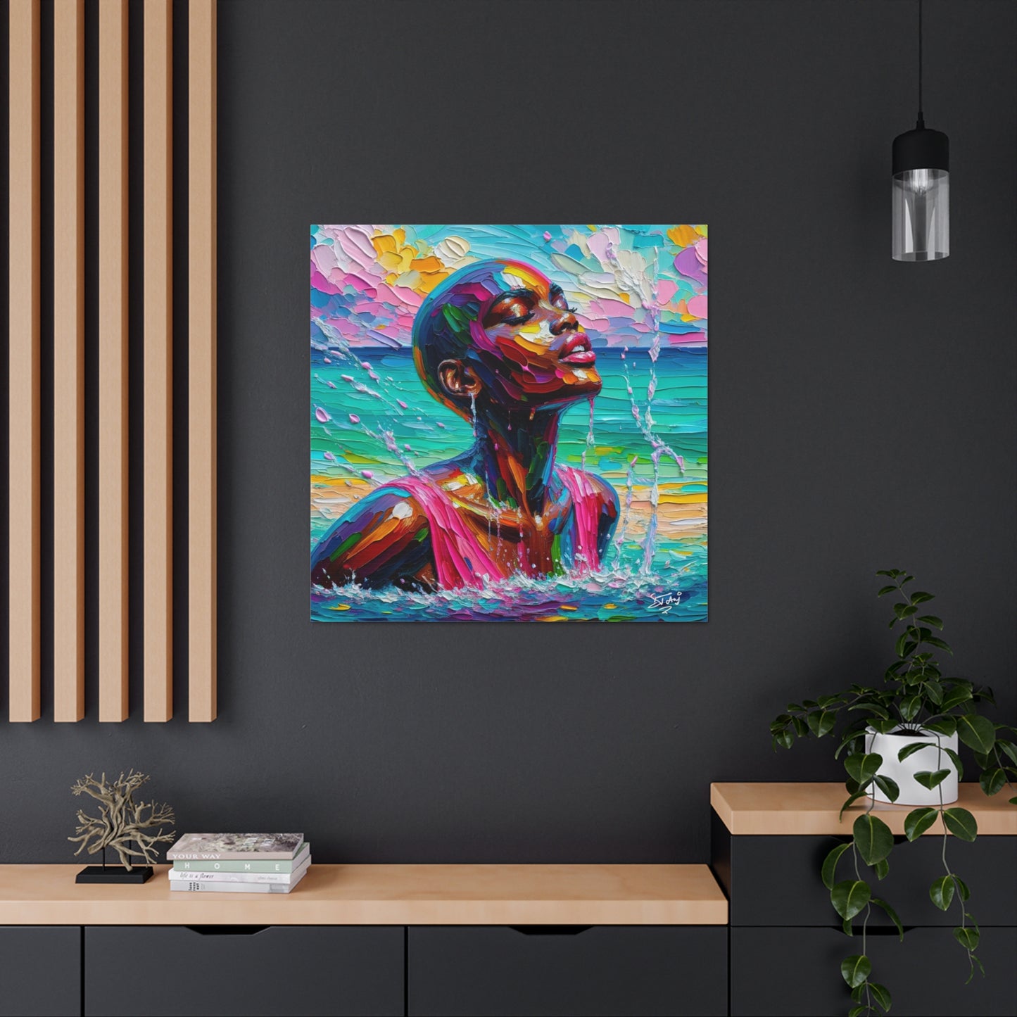 Art Print, Afro-Caribbean Woman, "Sea Bath" Abstract, Oil Finish, West Indian Ethnicity, Cultural, Heritage, Abstract, Canvas Gallery Wrap