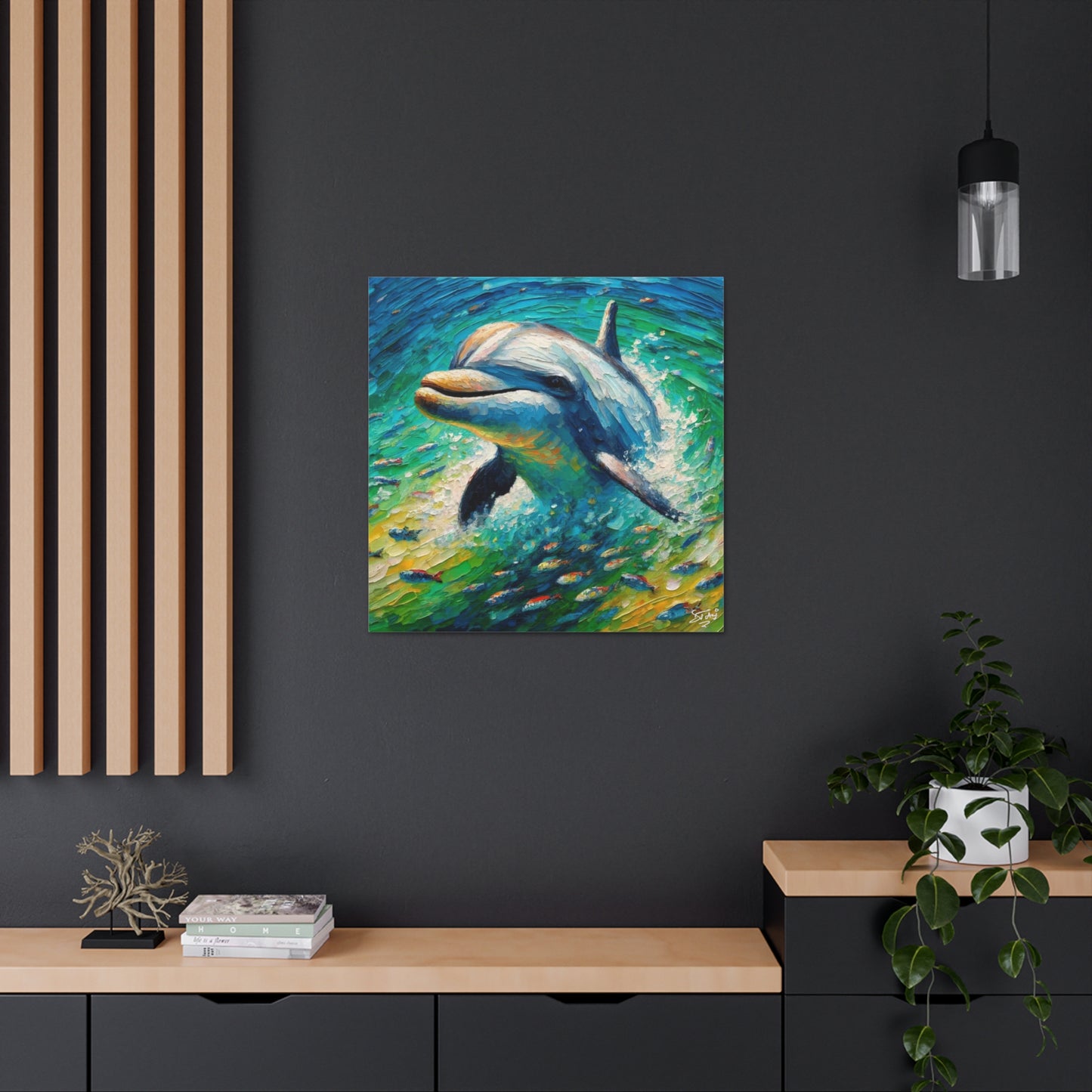 Art Print, Dolphin in the Caribbean Sea, Oil Finish, Caribbean Nature, Canvas Gallery Wrap