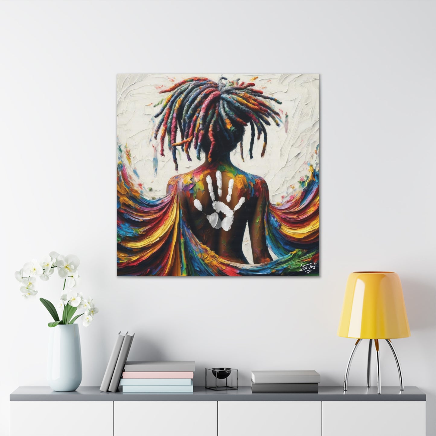 Art Print, Afro-Caribbean Woman, "White Hand on Back," Oil Finish, West Indian Ethnicity, Cultural, Heritage, Semi-Abstract, Canvas Gallery Wrap