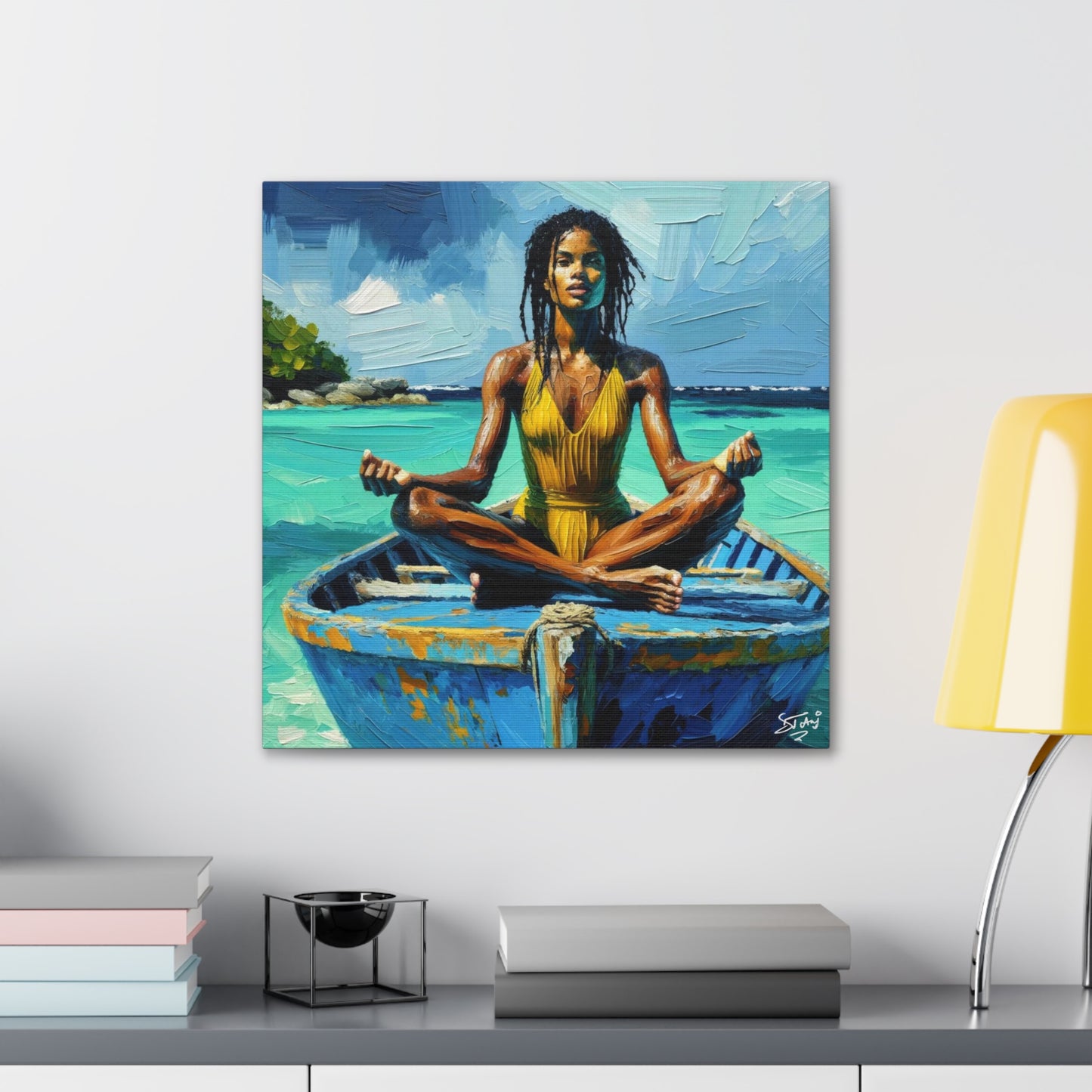 Art Print, Afro-Caribbean Woman "Chilling in the Boat (4)" Oil Finish, West Indian Ethnicity, Cultural, Heritage, Semi-Abstract, Canvas Gallery Wrap